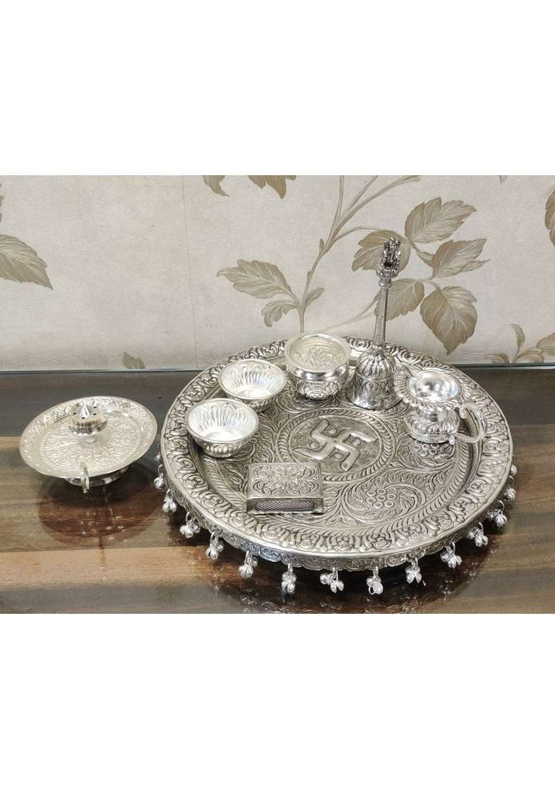 Mishita Collections German Silver Hand Engraved Heavy Pooja Thali Diameter 10 and Half Set of 8 - Indya