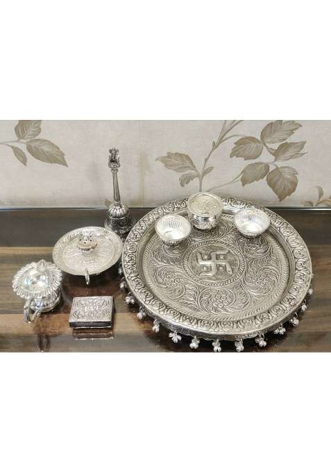 Mishita Collections German Silver Hand Engraved Heavy Pooja Thali Diameter 10 and Half Set of 8