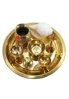 IFH Dacor Indian Fashion Hut Handmade Brass Pooja Thali Set Aarti Plate with Natural Conch 8 Pcs Set