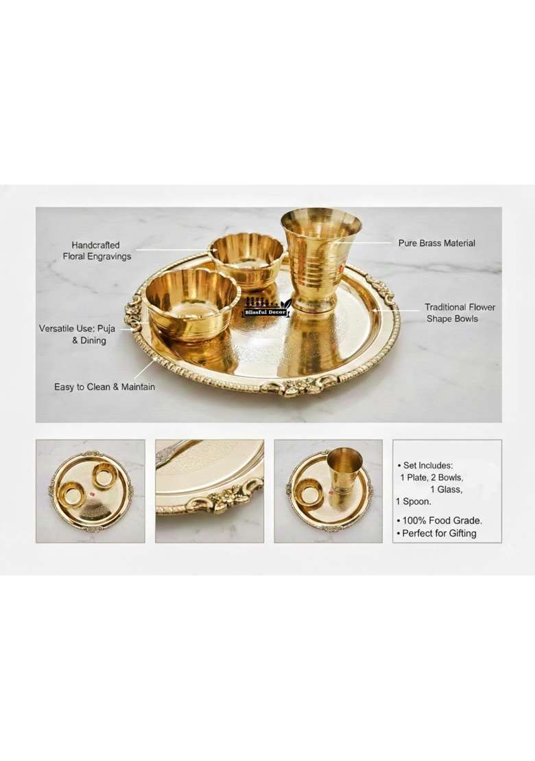 Blissful Decor Gold Brass Bhog Thali for Laddu Gopal Pooja Small Plate Glass Spoon 2 Katori Set of 5 - Indya