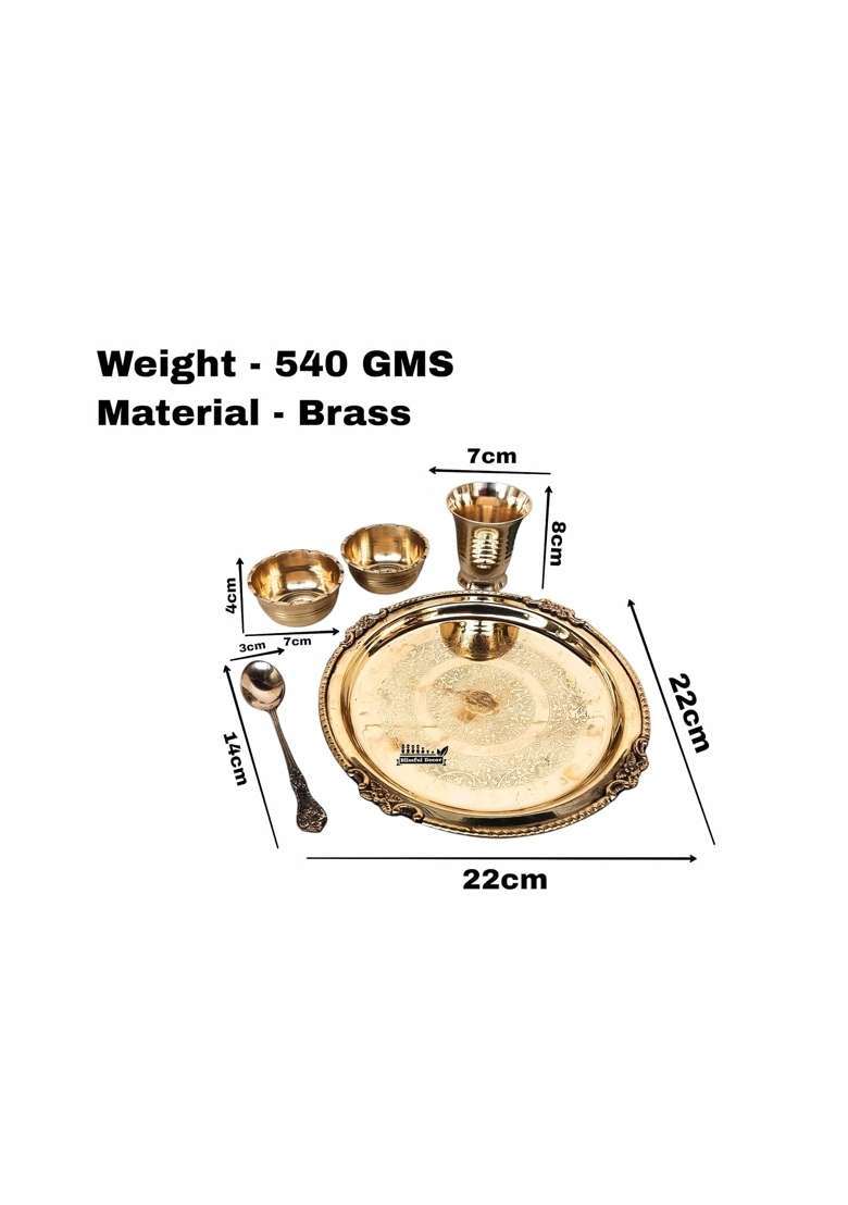 Blissful Decor Gold Brass Bhog Thali for Laddu Gopal Pooja Small Plate Glass Spoon 2 Katori Set of 5 - Indya