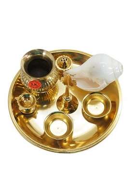 IFH Dacor Indian Fashion Hut Handmade Brass Pooja Thali Set Aarti Plate with Authentic Conch 6 Pcs Set