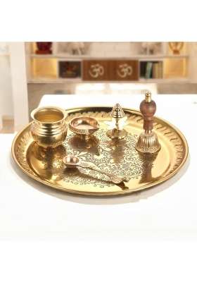 Sanjeev Kapoor Gold Brass Pooja Thali with Kalash Bell Spoon Diya and Agarbati Stand Set of 6