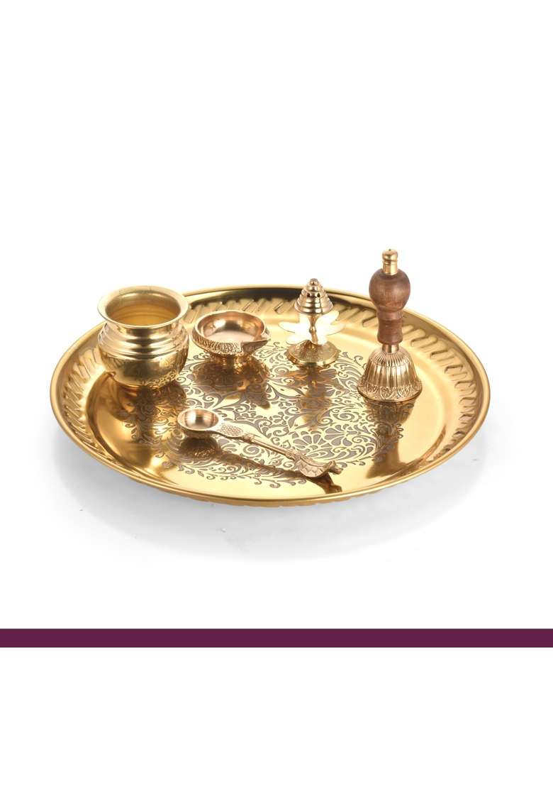 Sanjeev Kapoor Gold Brass Pooja Thali with Kalash Bell Spoon Diya and Agarbati Stand Set of 6 - Indya