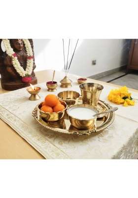 Shree HARI Home Decor Gold Brass Bhog Thali for Laddu Gopal Pooja Small Plate Glass Spoon 2 Katori Set of 5