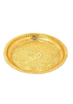 Indian Art Villa Pure Brass Pooja Decorative Thali Plate with Om Floral Embossed Petal Edge Design