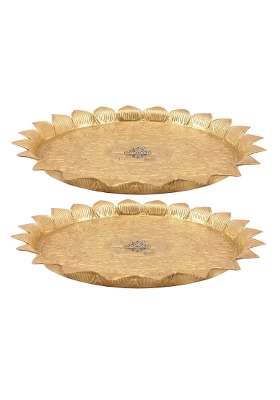 Indian ART Villa Pure Brass Pooja Decorative Thali Plate with Sathiya Floral Embossed Leaf Edge Pack of 2