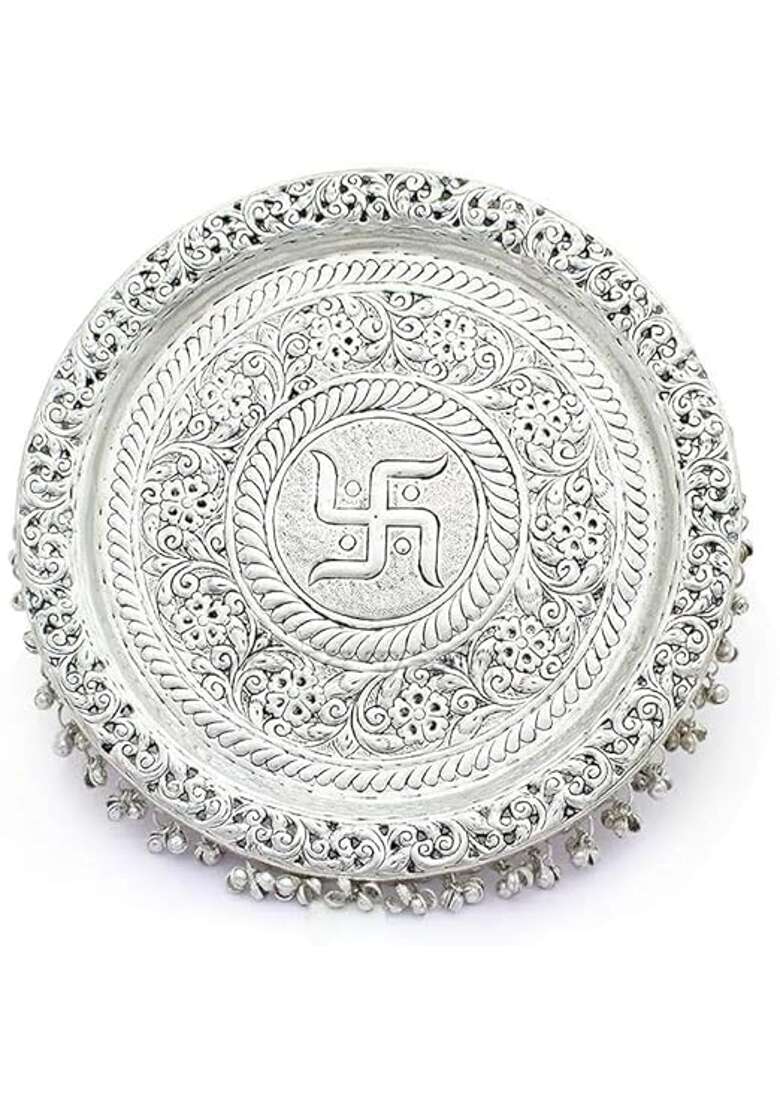 German Silver Heavy Pooja Thali Diameter 10 with Full Ghungroo Layer for Home Temple Decorative Set of 6 - Indya