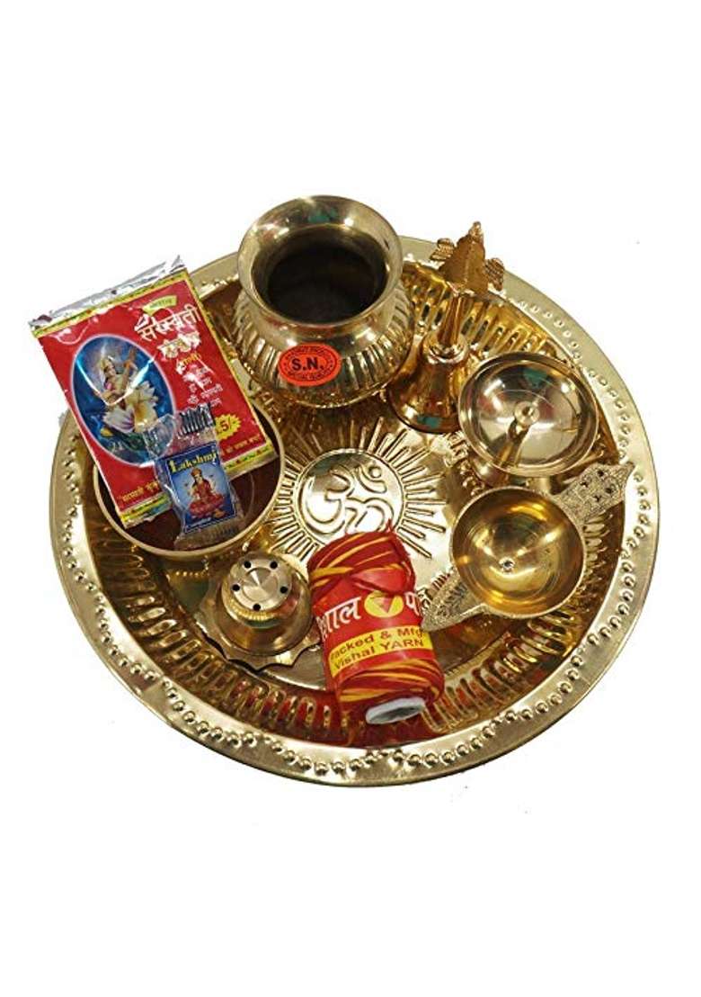 IFH Dacor Indian Fashion Hut Handmade Brass Pooja Thali Set Aarti Plate with Authenctic Conch 10 Pcs - Indya