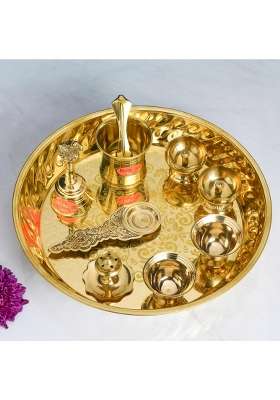 Bhimonee Decor Gold Brass Emboss Leher Pooja Thali Set