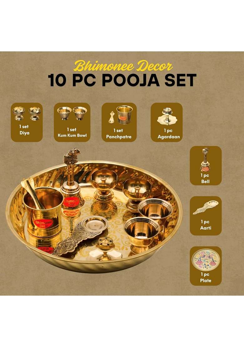 Bhimonee Decor Gold Brass Emboss Leher Pooja Thali Set - Indya