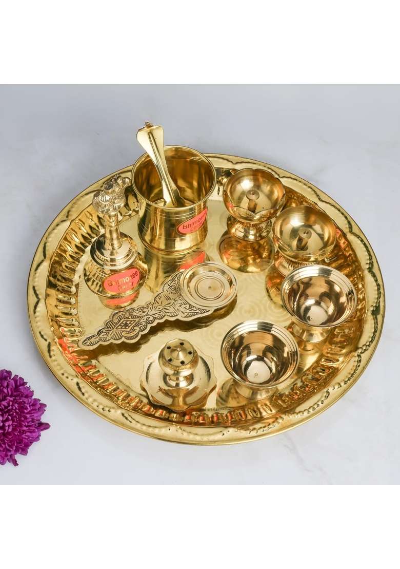 Bhimonee Decor Gold Ring Design Brass Pooja Thali Set - Indya