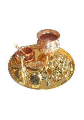 TI AMO Pooja Puja Brass Thali Set Laxmi Ganesha Diwali Pooja Puja Set Thick Brass Plate 12 Inches Bell Bowl