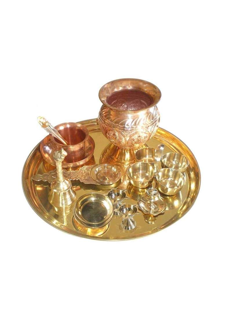 TI AMO Pooja Puja Brass Thali Set Laxmi Ganesha Diwali Pooja Puja Set Thick Brass Plate 12 Inches Bell Bowl - Indya