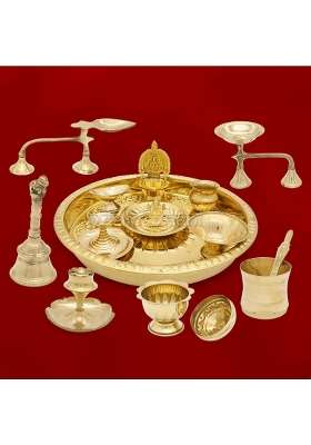 Vedic Vaani Yellow Brass Lord Ganesh Idol Pooja Thali Complete Articles Set of 14