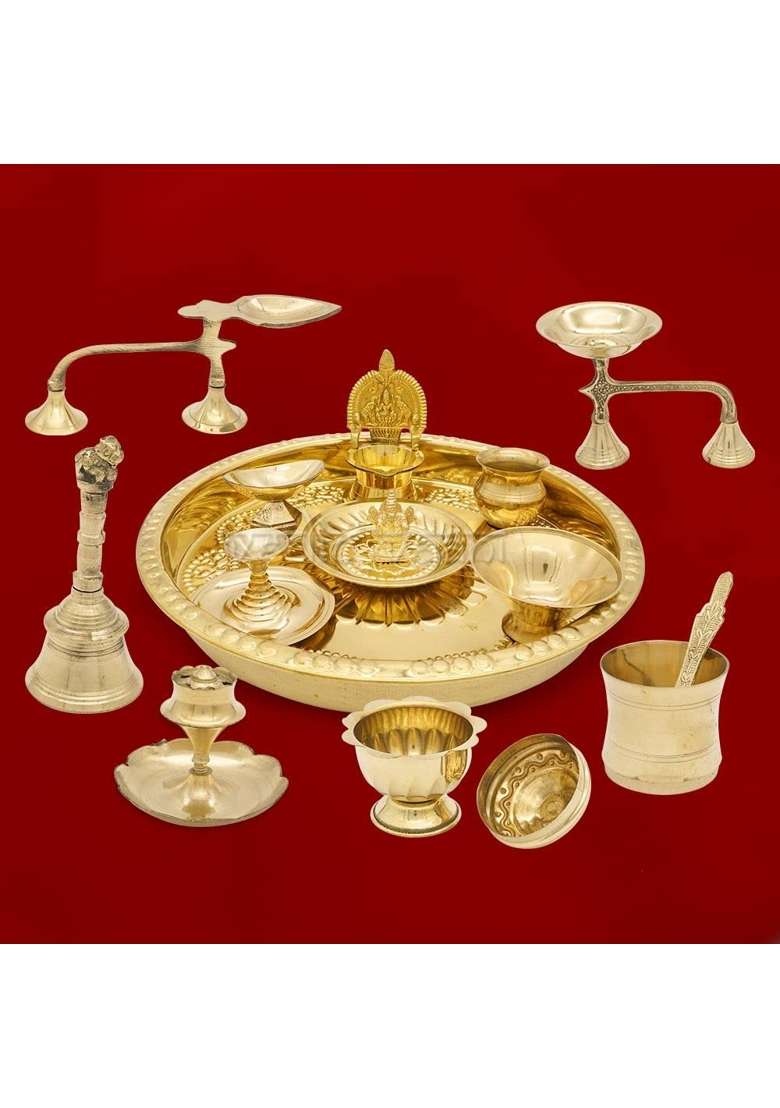 Vedic Vaani Yellow Brass Lord Ganesh Idol Pooja Thali Complete Articles Set of 14 - Indya