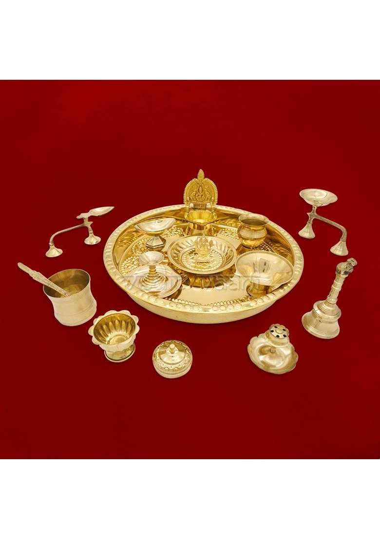 Vedic Vaani Yellow Brass Lord Ganesh Idol Pooja Thali Complete Articles Set of 14 - Indya