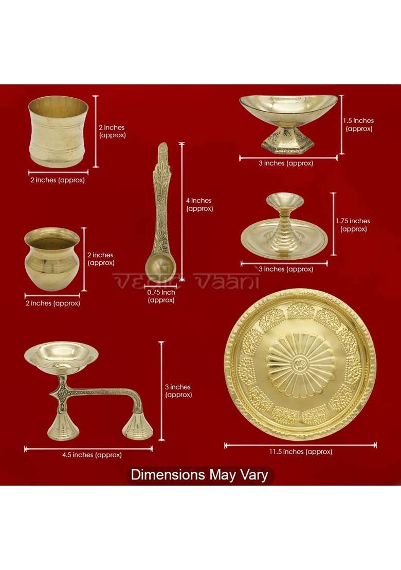 Vedic Vaani Yellow Brass Lord Ganesh Idol Pooja Thali Complete Articles Set of 14 - Indya