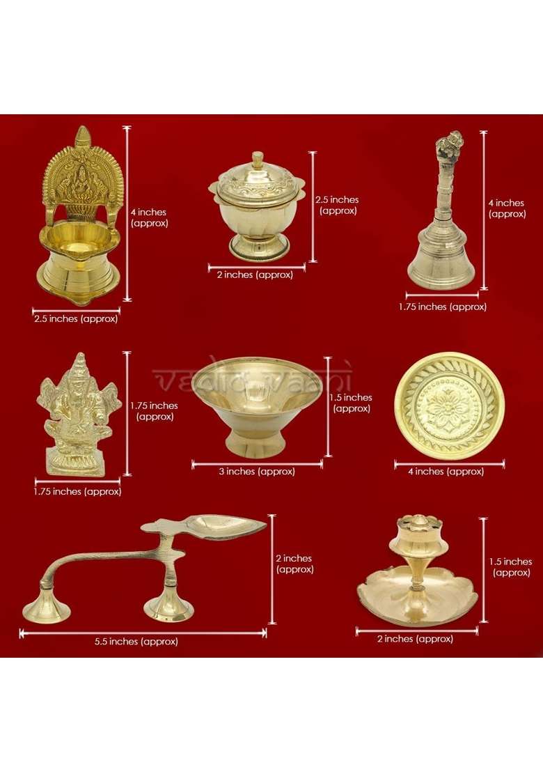 Vedic Vaani Yellow Brass Lord Ganesh Idol Pooja Thali Complete Articles Set of 14 - Indya