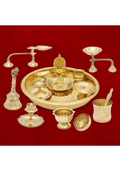 Vedic Vaani Yellow Brass Lord Ganesh Idol Pooja Thali Complete Articles Set of 14