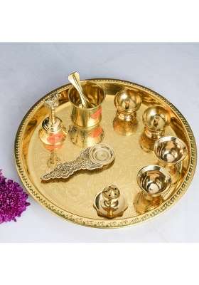 Bhimonee Decor Gold Brass Emboss Ring Pooja Thali Set