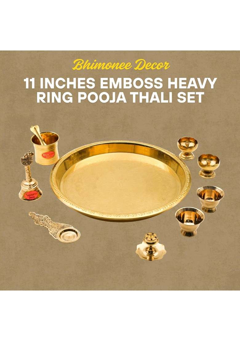 Bhimonee Decor Gold Brass Emboss Ring Pooja Thali Set - Indya