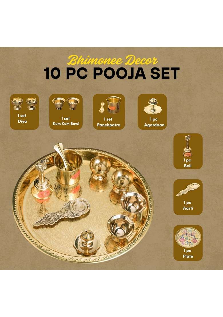 Bhimonee Decor Gold Brass Emboss Ring Pooja Thali Set - Indya