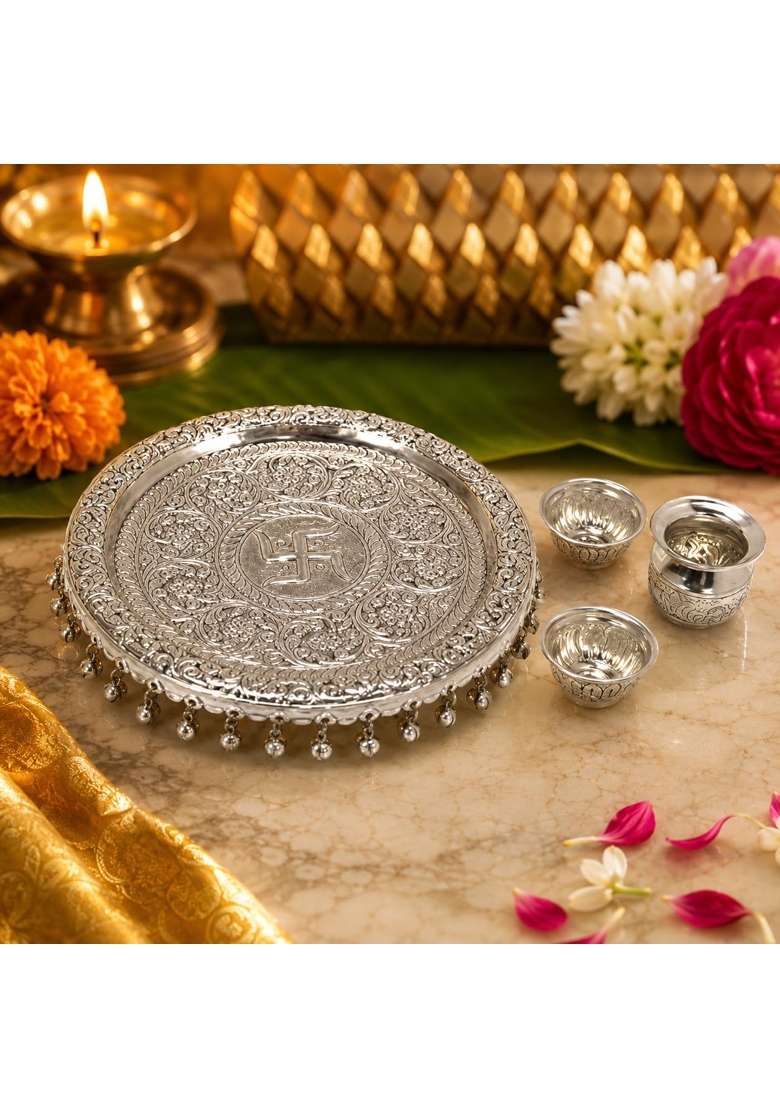 Akshat Enterprises German Silver Plated Set with Kalash Lota and 2 Kumkum Bowls - Indya