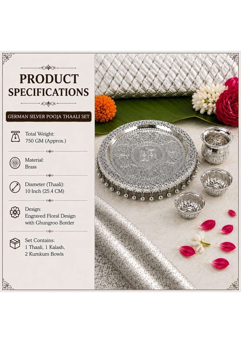 Akshat Enterprises German Silver Plated Set with Kalash Lota and 2 Kumkum Bowls - Indya