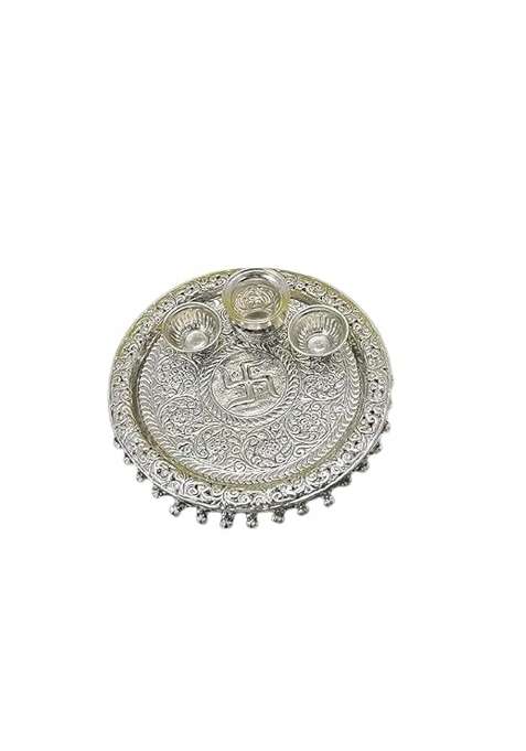 Akshat Enterprises German Silver Plated Set with Kalash Lota and 2 Kumkum Bowls