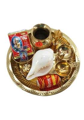 IFH Dacor Indian Fashion Hut Handmade Brass Pooja Thali Set Aarti Plate with Authentic Conch 11 Set