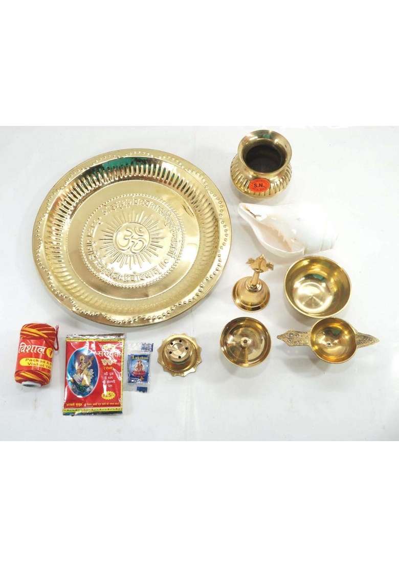 IFH Dacor Indian Fashion Hut Handmade Brass Pooja Thali Set Aarti Plate with Authentic Conch 11 Set - Indya