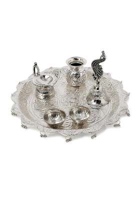 Handcrafted Silver Plated Pooja Thali Traditional Decorative Pooja Thali with Diya Set of 6