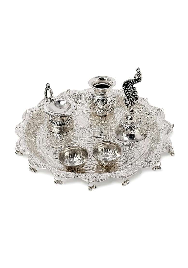 Handcrafted Silver Plated Pooja Thali Traditional Decorative Pooja Thali with Diya Set of 6 - Indya