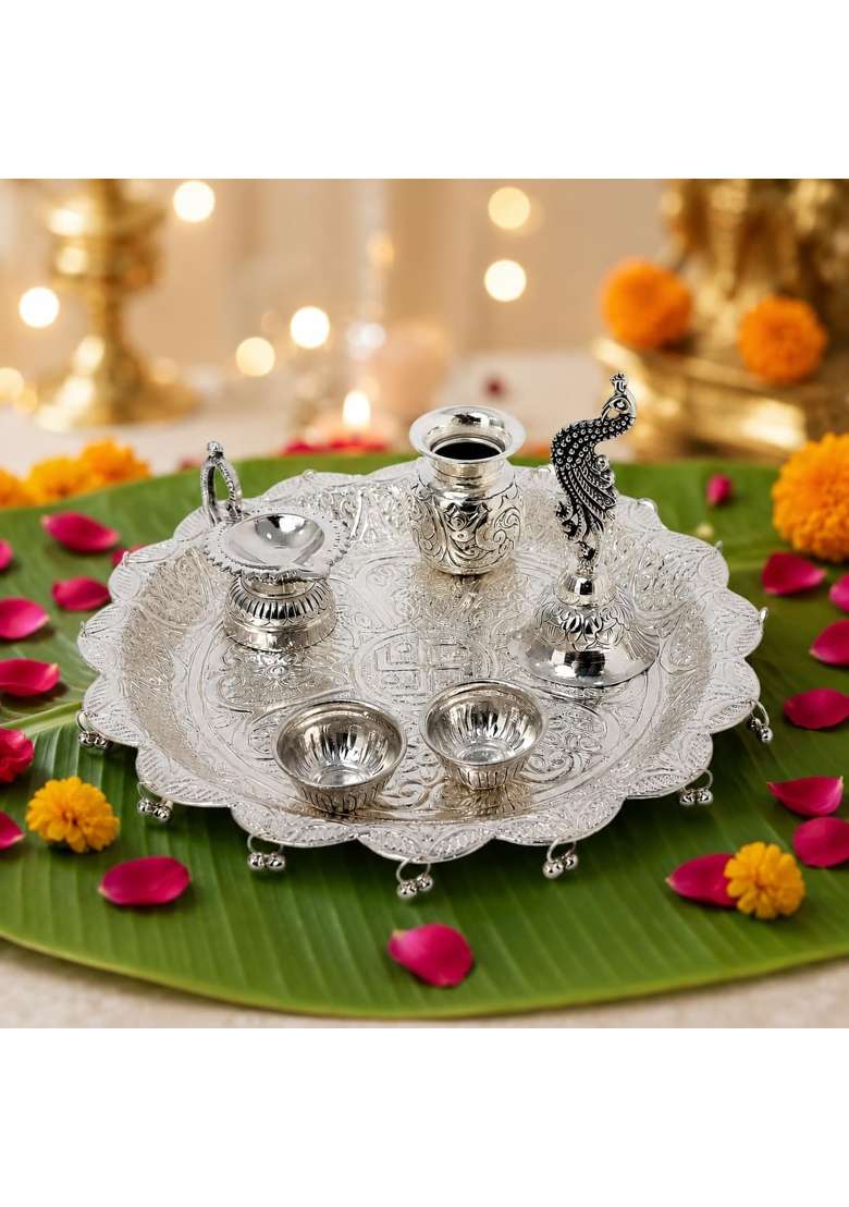 Handcrafted Silver Plated Pooja Thali Traditional Decorative Pooja Thali with Diya Set of 6 - Indya