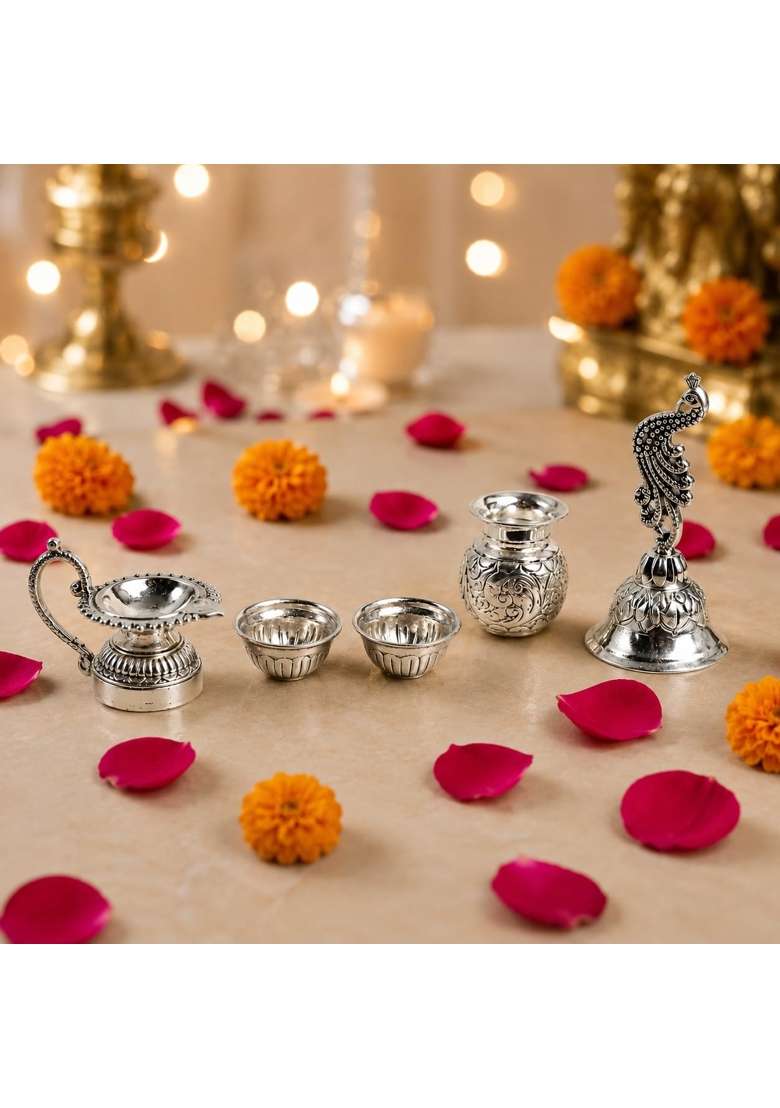 Handcrafted Silver Plated Pooja Thali Traditional Decorative Pooja Thali with Diya Set of 6 - Indya