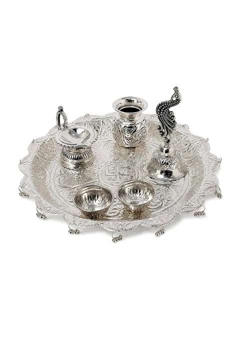 Handcrafted Silver Plated Pooja Thali Traditional Decorative Pooja Thali with Diya Set of 6