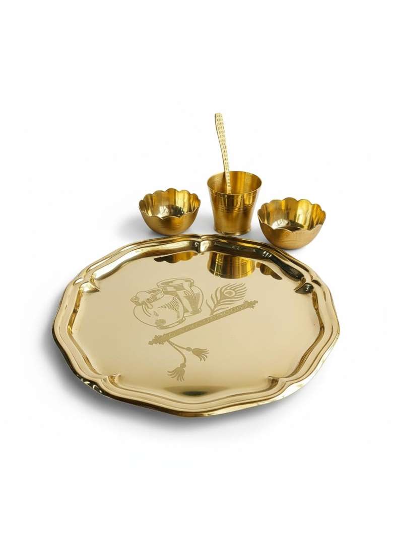 Yellow Kahna Ji Bhog Thali Set Pure Brass Laddu Gopal Kanha Ji Thakur Ji Brass Pooja Bhog Thali Set 5 Pcs - Indya
