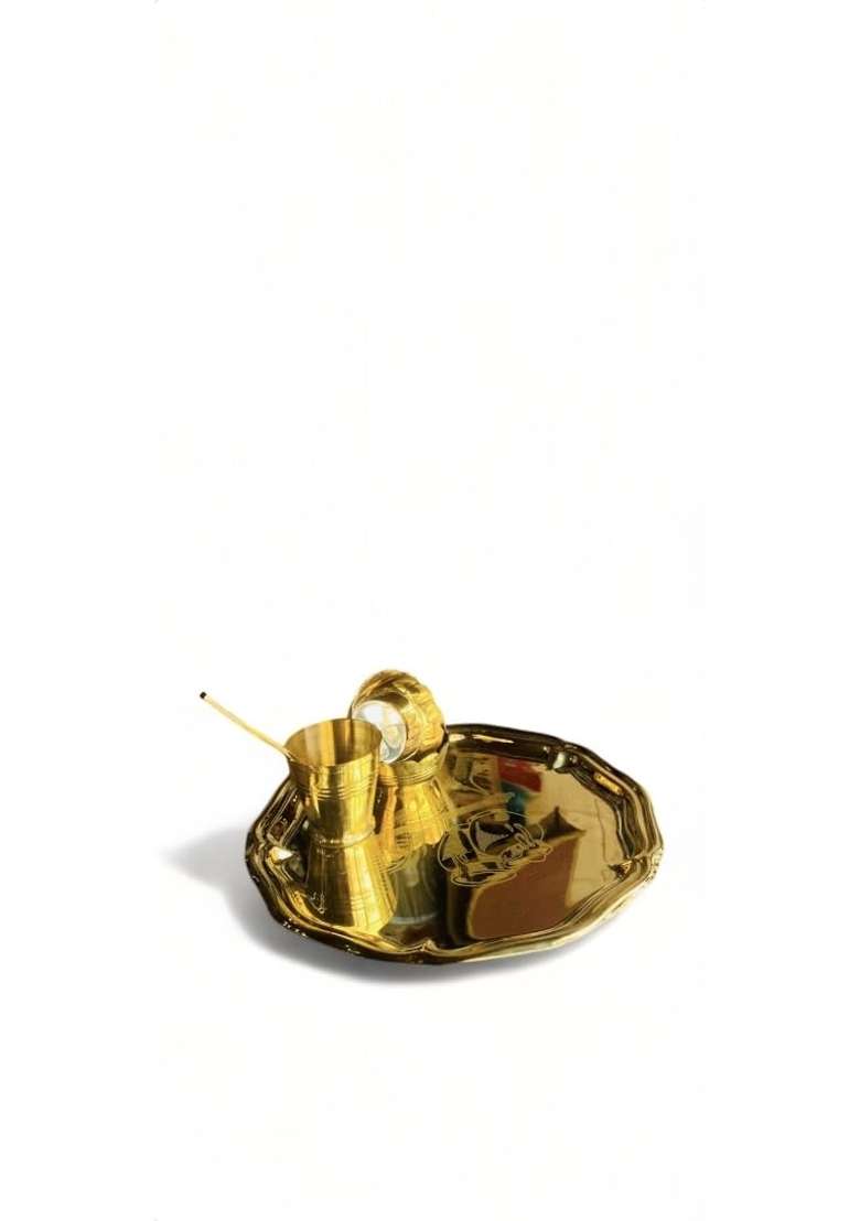 Yellow Kahna Ji Bhog Thali Set Pure Brass Laddu Gopal Kanha Ji Thakur Ji Brass Pooja Bhog Thali Set 5 Pcs - Indya