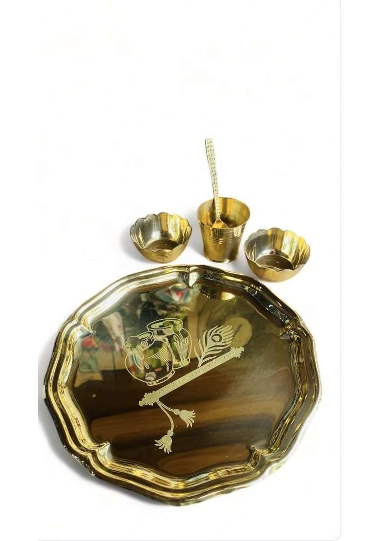 Yellow Kahna Ji Bhog Thali Set Pure Brass Laddu Gopal Kanha Ji Thakur Ji Brass Pooja Bhog Thali Set 5 Pcs - Indya