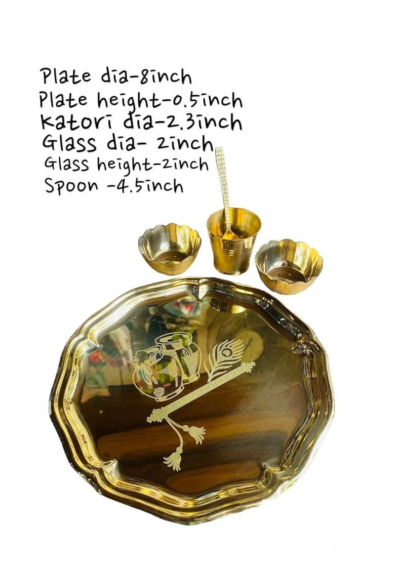 Yellow Kahna Ji Bhog Thali Set Pure Brass Laddu Gopal Kanha Ji Thakur Ji Brass Pooja Bhog Thali Set 5 Pcs - Indya