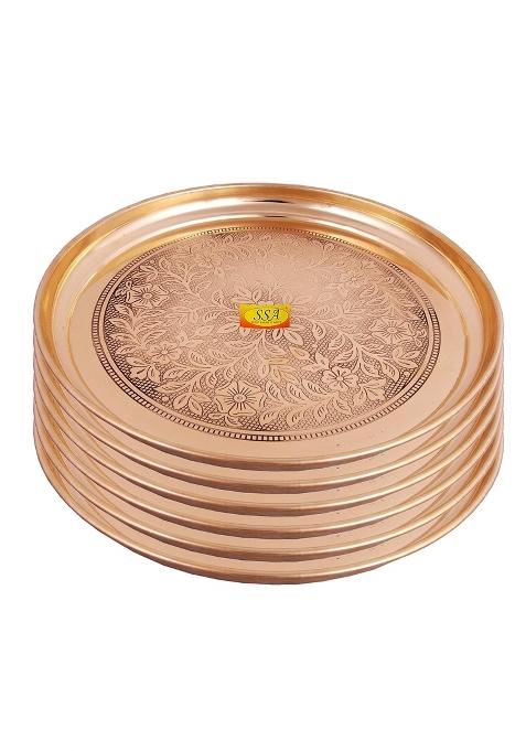 Shiv Shakti Arts Yellow Pure Brass Dinner Plate Thali Set for Pooja and Serving Purpose Engraved Flower Design