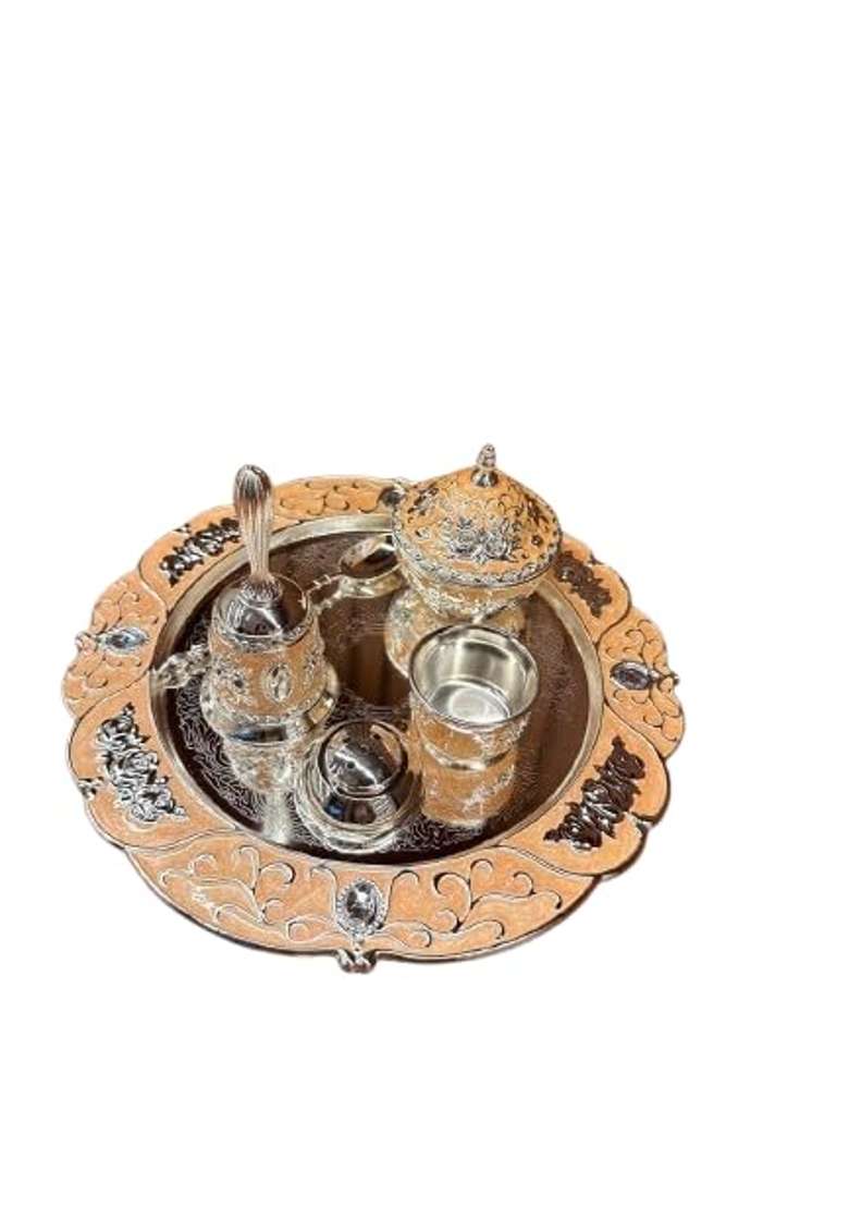 Nimaara Home Imported German Silver Small Pooja Thali Set Peach Finish with Bell Bowls and Spoon - Indya