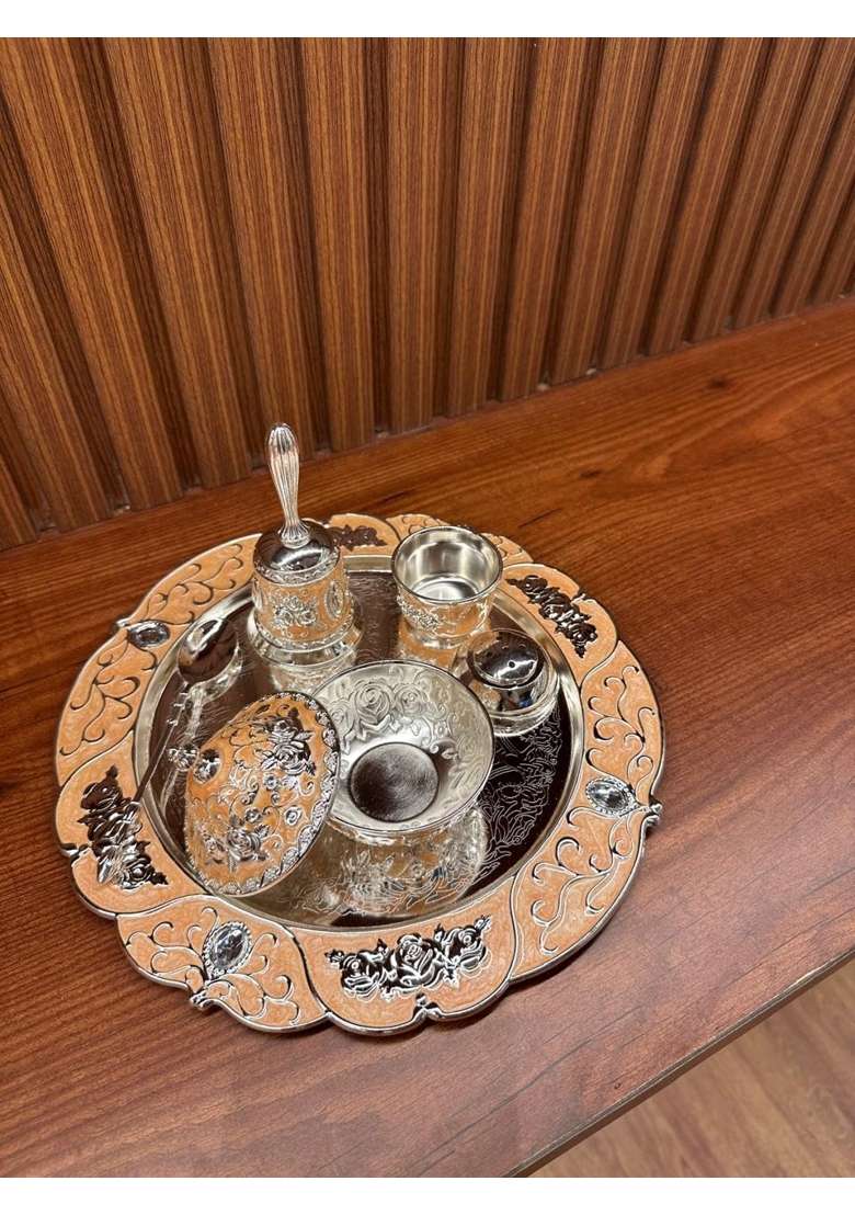 Nimaara Home Imported German Silver Small Pooja Thali Set Peach Finish with Bell Bowls and Spoon - Indya