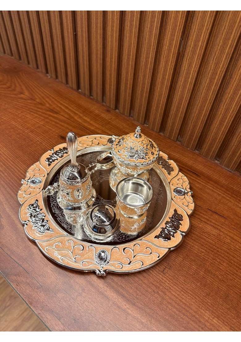 Nimaara Home Imported German Silver Small Pooja Thali Set Peach Finish with Bell Bowls and Spoon - Indya