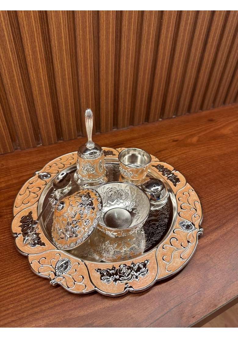 Nimaara Home Imported German Silver Small Pooja Thali Set Peach Finish with Bell Bowls and Spoon - Indya