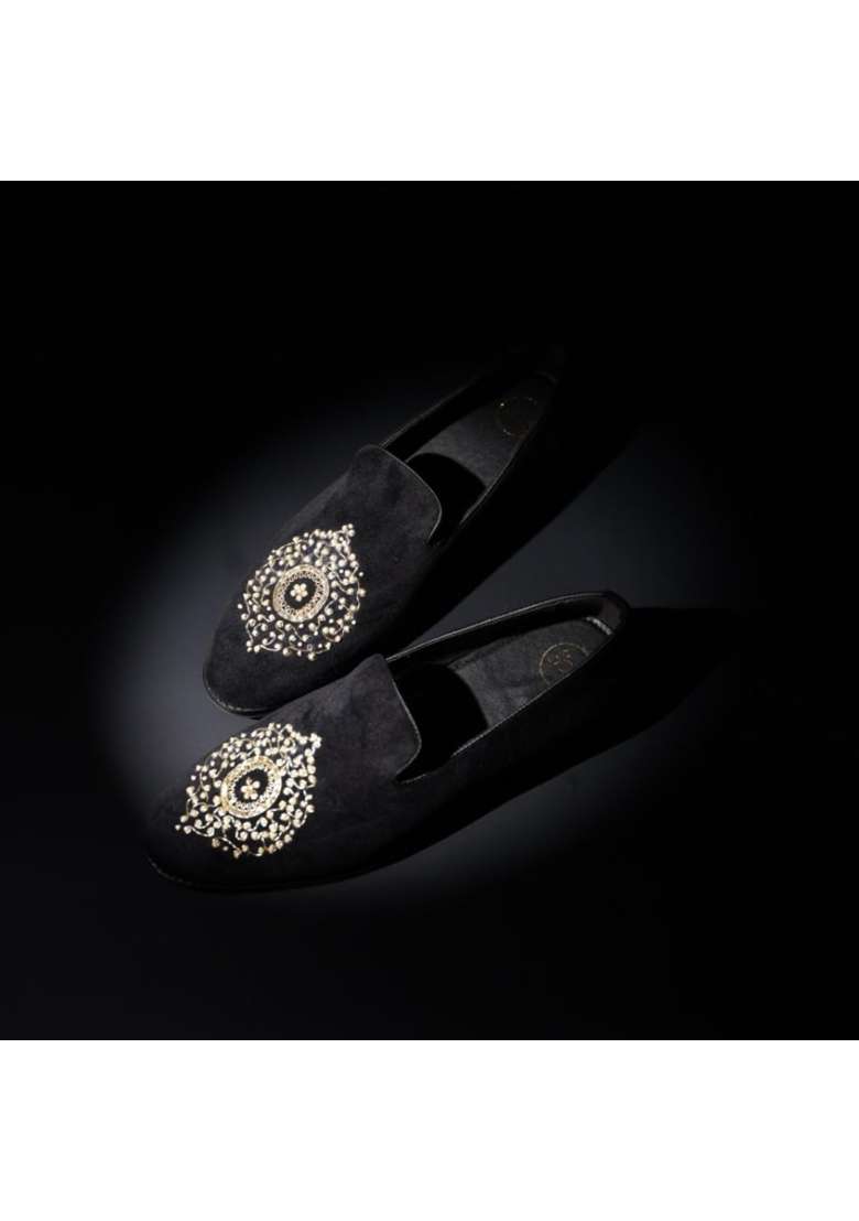 Monkstory Maharaja Zardosi Embroidered Slip Ons Black - Indya