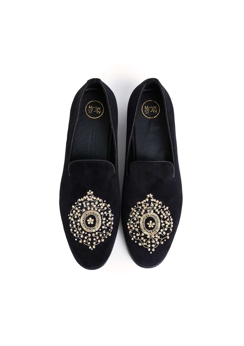 Monkstory Maharaja Zardosi Embroidered Slip Ons Black - Indya
