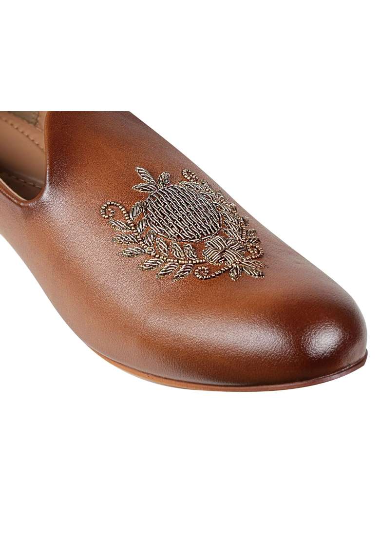 Tanny Shoes Mens Vegan Leather Brown Zardory Embroidery Ethnic Shoe for Wedding - Indya