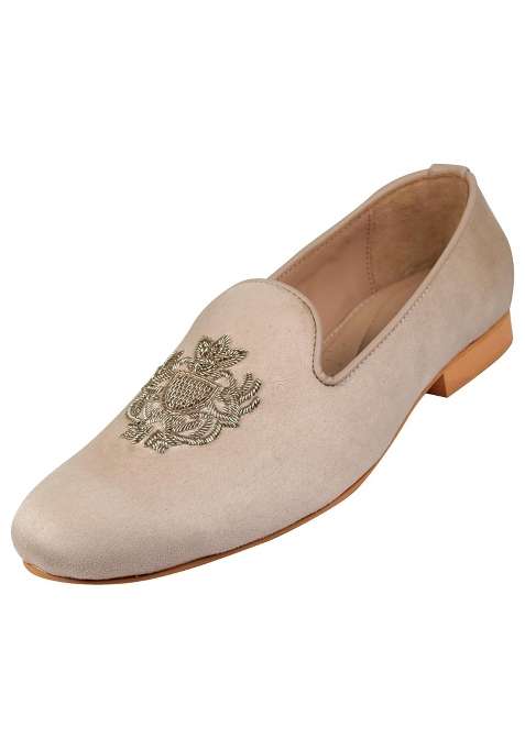 Tanny Shoes Mens Beige Colour Suede Embroidered Pattern Juttis for Wedding